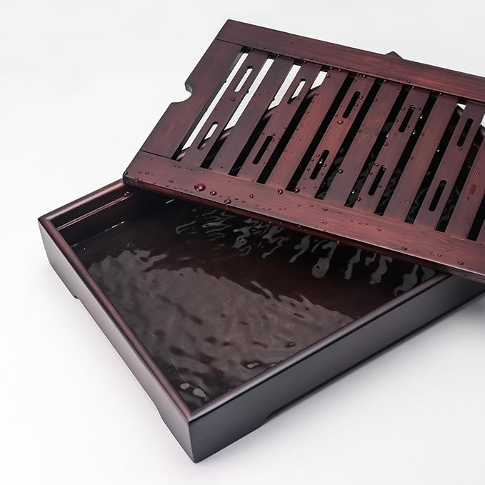 Bamboo Chinese Tea Tray - 13.6 x 8.9 inch Japanese Tea Serving Tray, Gongfu Tea Table Set with Reservoir Type Water Storage Box - Large