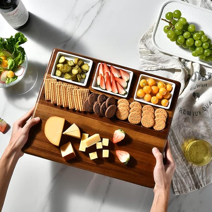 Shanik Large Acacia Wood Charcuterie Board Set – Includes 3 Removable Ceramic Bowls & Serving Utensils, Elegant Entertaining Gift for Any Occasion