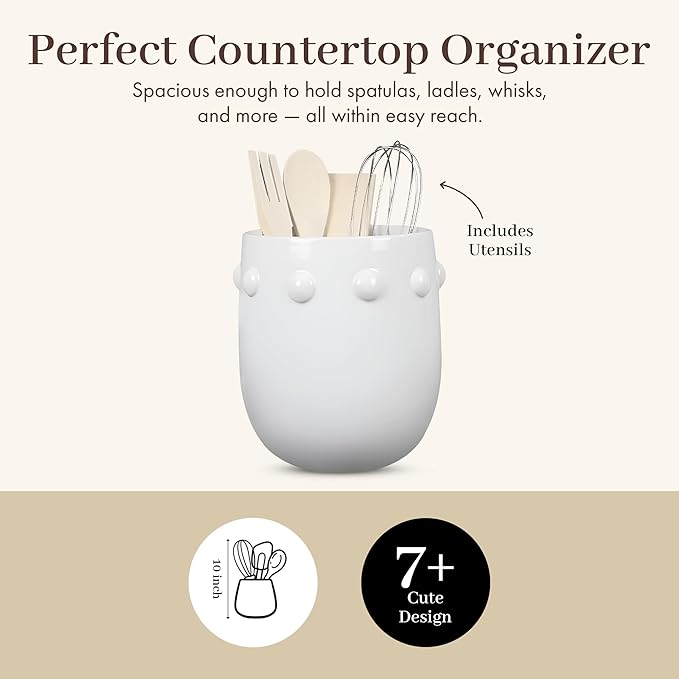 Young's Inc Kitchen Tool Holder with Tools, Ceramic Utensil Holder for Kitchen Counter, Cooking Spoon & Spatula Holder for Counter with Utensils, White