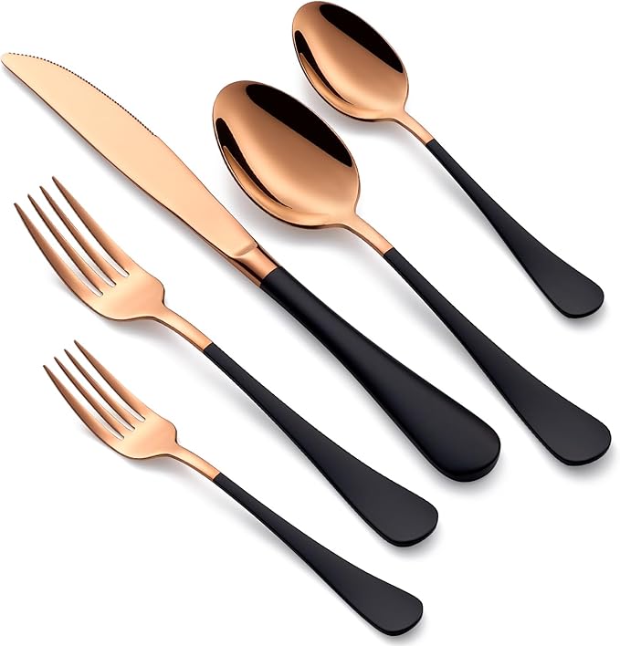20-Piece Rose Gold and Black Silverware Set for 4 - 18/0 Stainless Steel Flatware Cutlery Utensils, Include Dinner Knives, Forks, Spoons, Salad Forks, Teaspoons, Dishwasher Safe