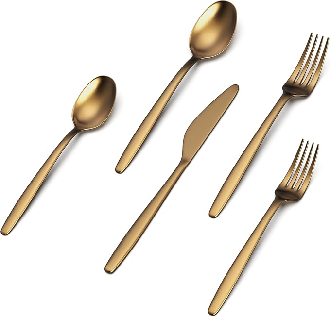 JazzUpCo Tia Flatware non toxic 18/10 stainless steel dishwasher safe (Matte Gold, 16 Person Set (80 Pieces))
