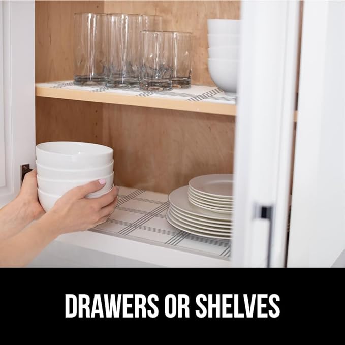 GORILLA GRIP Slip Resistant Drawer and Shelf Liner 2 Pack, Non Adhesive Water Resistant, Easy Trim, Smooth Surface Liners for Kitchen Cabinet, Shelves, Drawers Pantry, 20 IN x 20 FT, Stripe Gray White