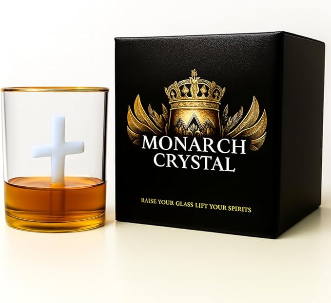 Crucifix Whiskey Glass – Premium Christian Cross Religious Glass, Old Fashioned Glass, Liquor – Luxurious Gold Rim – Home Bar Accessories Ideal for Man Cave, Fun Gift, Christian Gift, Religious Gift