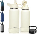 CIVAGO 32 oz Insulated Water Bottle With Straw, Stainless Steel Sports Water Flask Cup with 3 Lids (Straw, Portable Spout and Handle Lid), Double Walled Travel Thermal Canteen Mug, Cream