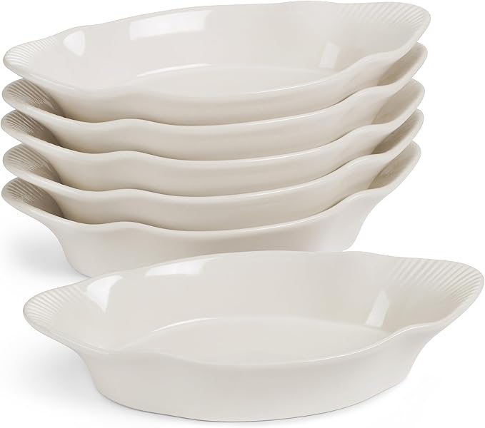 Au Gratin Baking Dishes, by Kook, Mini Casserole Dish, Set of 6, for Banana Split, Oven and Microwave Safe, Dishwasher Safe, Ceramic Dishes, Lasagna & Cobblers, Individual Serving, 12 oz (Ivory)