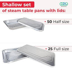 IDL Packaging Aluminum Foil Pans with Lids, Shallow - 75 pc Chafing Dish Set - 25 Full Size and 50 Half Size Steam Table Pans + Lids - Disposable Cookware for Catering, Buffet, Party, BBQ