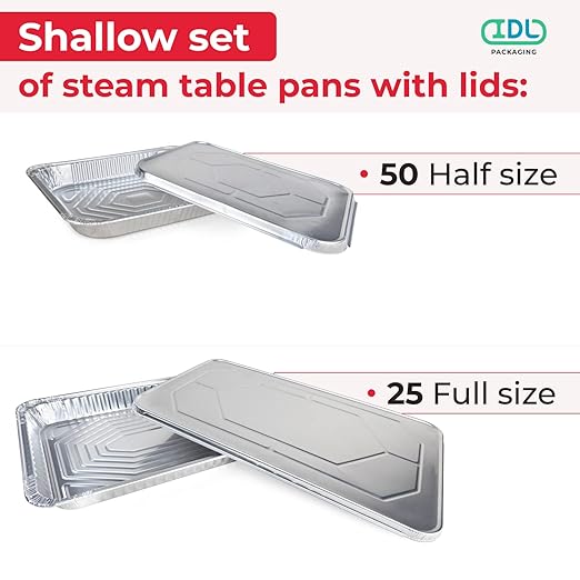 IDL Packaging Aluminum Foil Pans with Lids, Shallow - 75 pc Chafing Dish Set - 25 Full Size and 50 Half Size Steam Table Pans + Lids - Disposable Cookware for Catering, Buffet, Party, BBQ