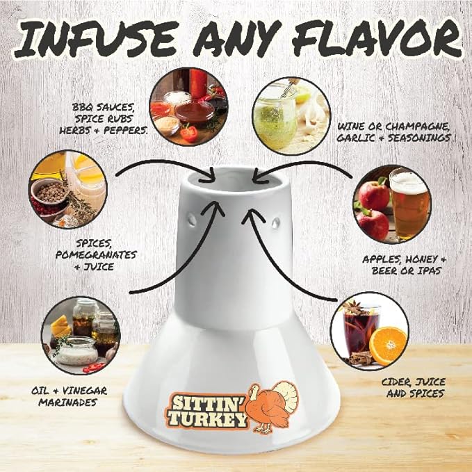 Sittin' Turkey Ceramic Beer Can Roaster & Steamer- Easily Infuse Marinades & BBQ flavors for Juicy, Flavorful Meat- XL Base Perfectly Cooks up to an 18lb Turkey- Xmas Dinner & Holiday Party Essential