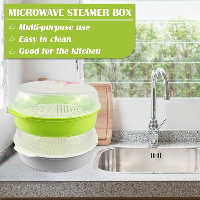 DOERDO Microwave Steamer for Cooking Plastic Vegetable Steamer with Lid, Kitchen Microwave Cookware Supplies, White, 10Inch