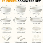 20 Pcs Pots and Pans Set Non Stick, Ceramic Cookware Set Detachable Handle, RV Kitchen Cooking Set Removable Handles, Oven Safe, Induction ReadyStackable Non-stick set, White