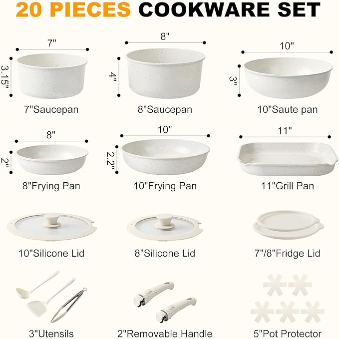 20 Pcs Pots and Pans Set Non Stick, Ceramic Cookware Set Detachable Handle, RV Kitchen Cooking Set Removable Handles, Oven Safe, Induction ReadyStackable Non-stick set, White