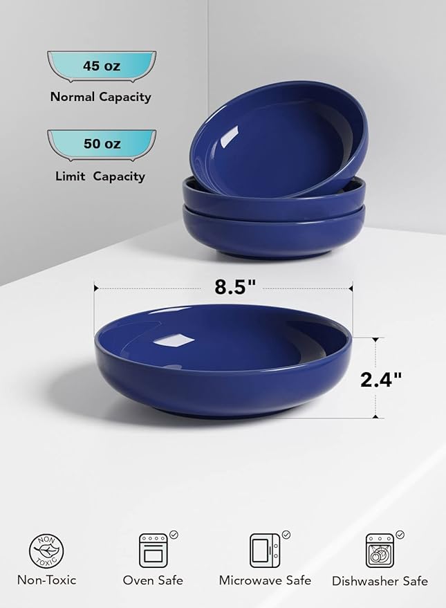 LE TAUCI Pasta Bowls 45 oz, Salad Bowls Set for Serving Soup, Pasta, Noodle, Dinner, Large Kitchen Bowl Plates, Microwave Safe - 8.5 Inch, Set of 4, Blue