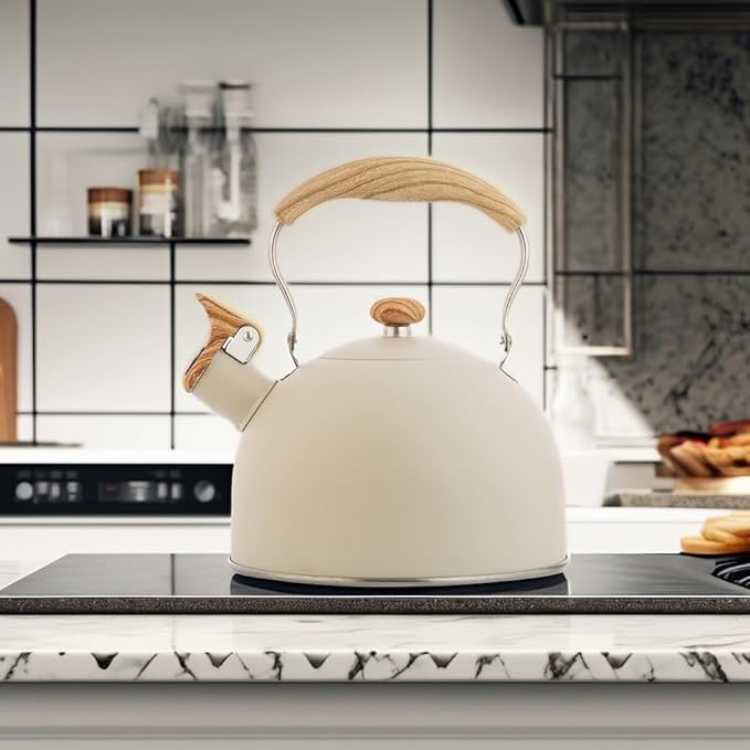 Kawlity Whistling Tea Kettle Tea Pots 2.5L, Stainless Steel Kettle with Wood Pattern Folding Handle, Whistle Kettle for Tea Coffee (Beige)