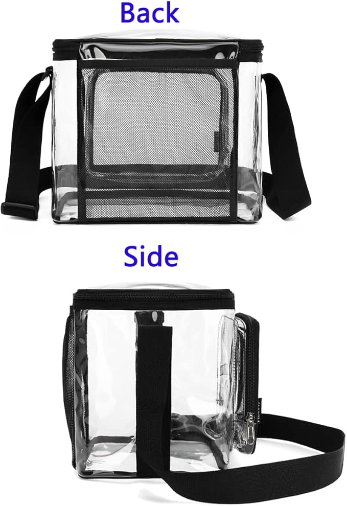 FlowFly Insulated Reusable Lunch Bag Adult Large Lunch Box for Women and Men with Adjustable Shoulder Strap,Front Zipper Pocket and Dual Large Mesh Side Pockets, Clear