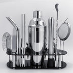 Cocktail Shaker Set Bartender Kit with Stand - 16 Piece Bar Tool Set Drink Mixer Set Includes : 25oz Shakers, Jigger, Strainer, Mixer Spoon, Muddler, Liquor Pourers, Straw (Silver)