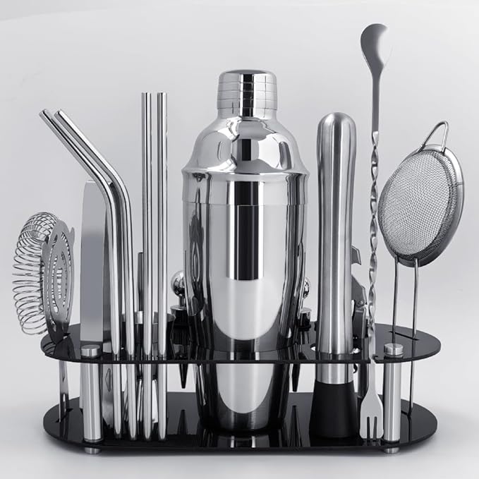 Cocktail Shaker Set Bartender Kit with Stand - 16 Piece Bar Tool Set Drink Mixer Set Includes : 25oz Shakers, Jigger, Strainer, Mixer Spoon, Muddler, Liquor Pourers, Straw (Silver)
