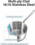 D&M Butter Warmer 0.57 Quart, Multi-Ply Clad Stainless Steel Milk Frother and Chocolate Melting Pot, Small Saucepan for Induction Stovetop, Coffee, Butter, Syrup