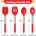 P&P CHEF Red Kitchen Cooking Utensil Set of 4, Silicone Solid Spatulas Slotted Spoons Turners for Non-stick Cookware Flipping Mixing, Heat-proof