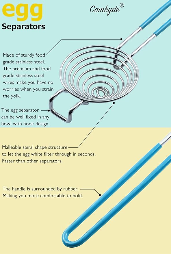 CAMKYDE Egg Separator Food Grade Stainless Steel Egg Yolk White Separation Tool, Set of 2 (Blue)