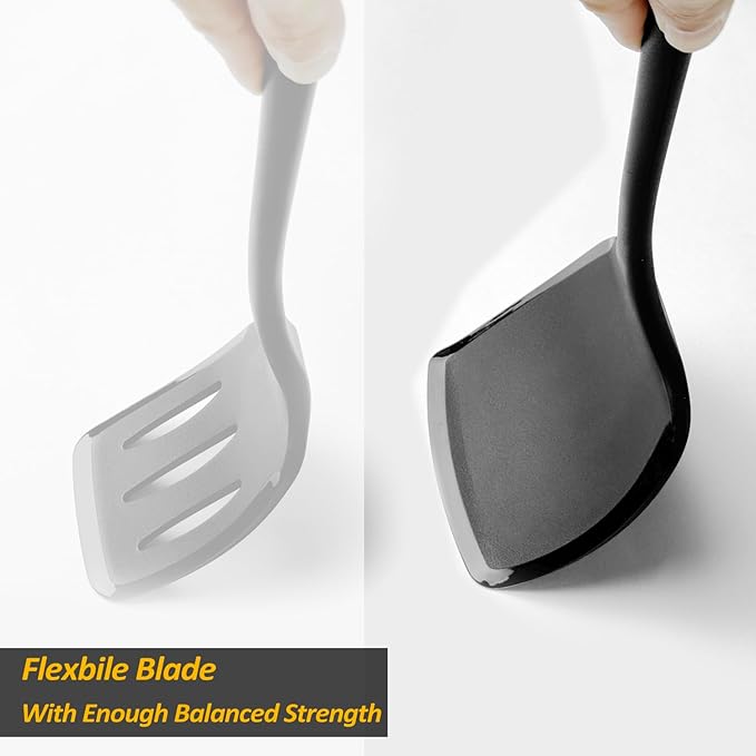 Silicone Pancake Spatula Turner with Lengthened Handle& Seamless Design, Heat Resistant Cooking Spatulas for Nonstick Cookware, Large Flexible Kitchen Utensils, Flipper for Egg, Pancake, Burger, Black