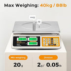 Bonvoisin Price Computing Scale 88lb/ 40kg, Commercial Food Weighing Scale 2g Division, Rechargeable Produce Deli Scale with Stainless Steel Plate for Farmer's Markets, Retail Outlets, Butcher Shops