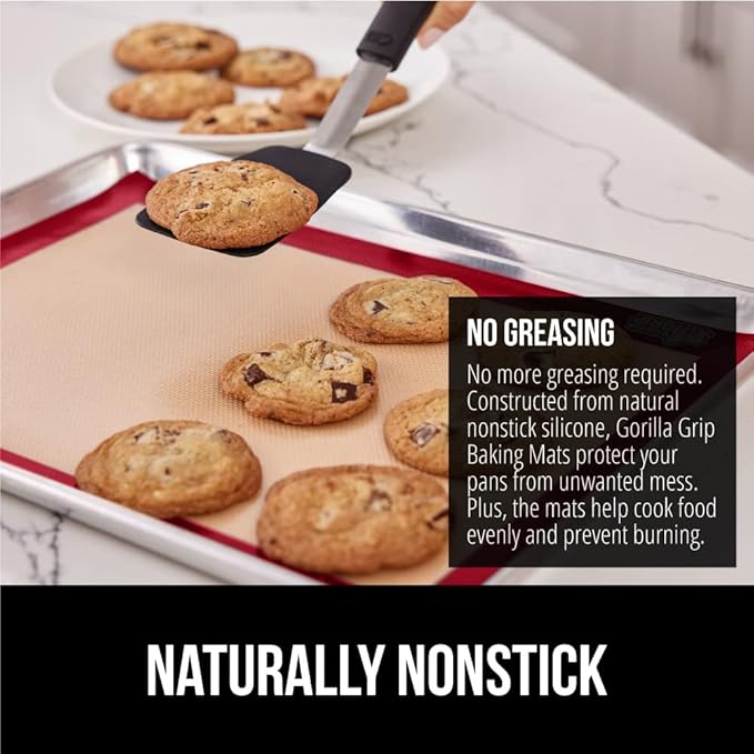 GORILLA GRIP Reusable Nonstick Silicone Baking Mat, 2 Pack, BPA-Free Oven Safe Food Liner, For Cookie Sheets, Toaster Ovens, Easy Clean Pastry Mats, Kitchen Essential, 11.75x8.25, Quarter Sheet, Red