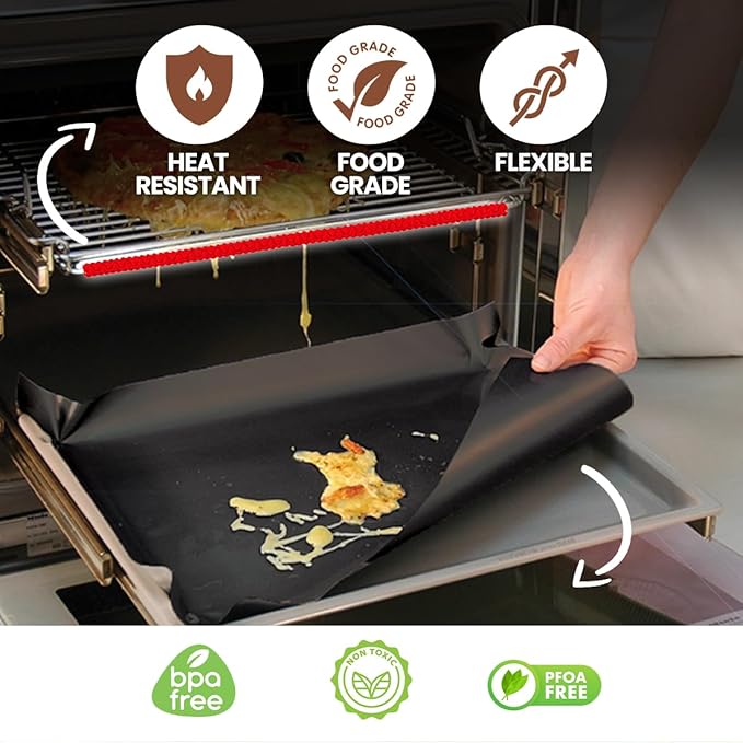 Oven Liners for Bottom of Oven Black (2-pack) Bundled with Rack Shield (2-pack) - Large Mat for Bottom of Stove (17"x 25") and 22" Red Range Guards for Racks - Reusable & Heat Resistant