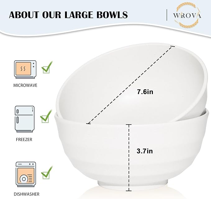 Wheat Straw Bowls Set 60 OZ, Unbreakable Large White Bowls Set of 6, Microwave and Dishwasher Safe Big Cereal Bowl for Dorm and Apartment, Salad Bowl for Serving Oatmeal and Popcorn (White)