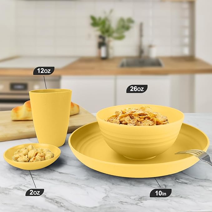 Wheat straw plates and bowls sets of 16 - Unbreakable wheat straw dinnerware sets for camping - Alternative plastic dinnerware set service for 4. Yellow