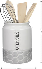 Young's Inc Modern Country Tool Holder with Wood Kitchen Tools, Ceramic Utensil Holder for Kitchen Counter, Cooking Spoon & Spatula Holder for Counter with Utensils, White/Grey