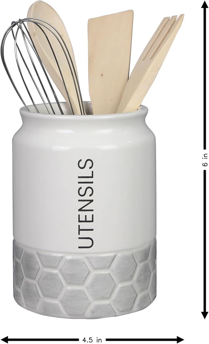 Young's Inc Modern Country Tool Holder with Wood Kitchen Tools, Ceramic Utensil Holder for Kitchen Counter, Cooking Spoon & Spatula Holder for Counter with Utensils, White/Grey