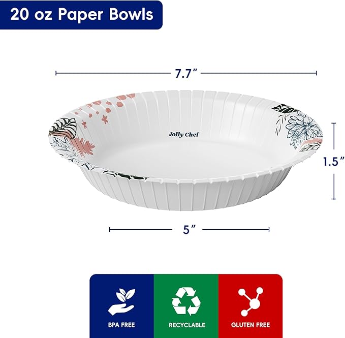 JOLLY CHEF 160 Count Paper Bowls 20 oz Soak Proof and Cut Proof Microwave Safe Heavy Duty Flower Printed Disposable Bowls Large for Dinner or Lunch