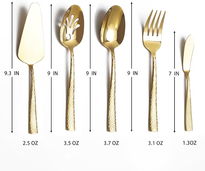 Large Hostess Serving Utensils Set, Stainless Steel Heavy Duty Hammered Serving spoons, Slotted Spoons, Serving Fork, Cake Server, Butter Knife, Dishwasher Safe (Gold)