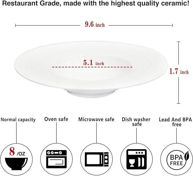 Ceramic Wide Rimmed Soup Plate, Soup Bowl 8 oz, Pasta Bowl Set of 4, White Shallow Bowl Plate with Rim, Best choice for high-end restaurants, hotels, and foodies, 9.6 Inch Coil relief