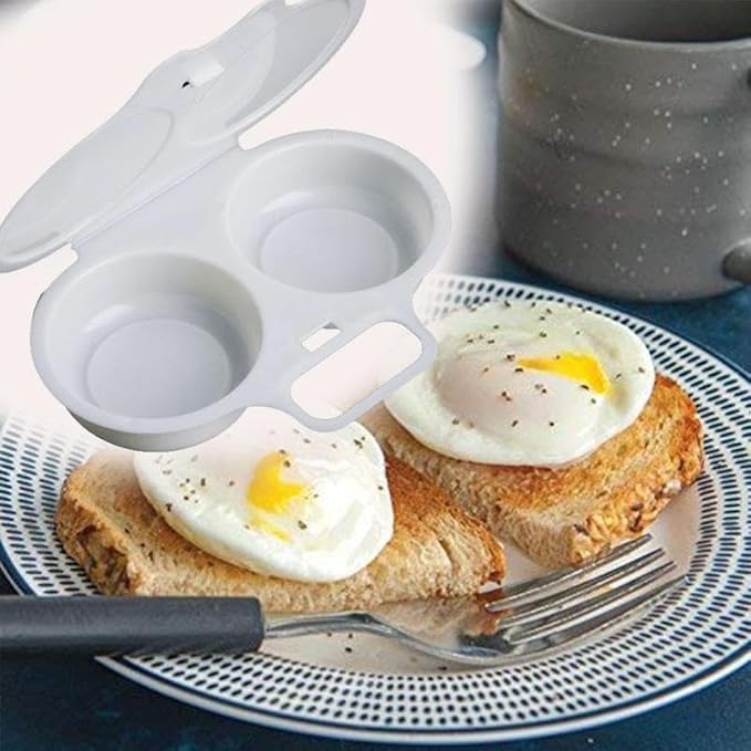 White Egg Poacher, Microwave Egg Boiler Poacher, 2 Cavity Nonstick Poached Egg Maker With Lid, Microwave Egg Cooker, Double Drain Poached Egg Cups Cookware, Egg Poachers（13 * 5cm）