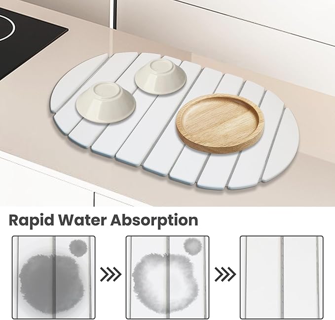 Large Stone Dish Drying Mats for Kitchen Counter,Quick Dry Stone Dishes Mats, Non-Slip Diatomaceous Earth Drying Mat for Multi - Purpose, Match Any Countertop (White, 23.6" x 15.4" )