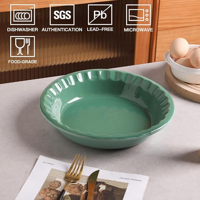 Sweejar Ceramic 10.4 Inches Pie Pan for Baking, Deep and Fluted Porcelain Round Pie Dish, Non-Stick Pie Plate for Pumpkin Pie, Apple Pie, Pie Pots with Morden Farmhouse Design (Green)