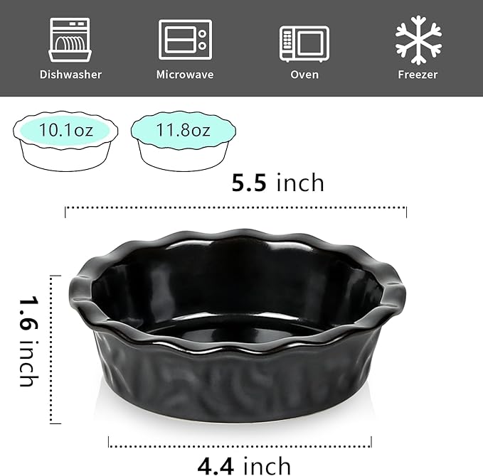 vicrays Ceramic Pie Pan for Baking - 5.5 inch Small Pie Plates Deep Dish Round Pot Casserole Mini Serving Bowl - Microwave Oven Safe for Dessert Apple Pie Cake Tart Pizza Set of 6 - Black