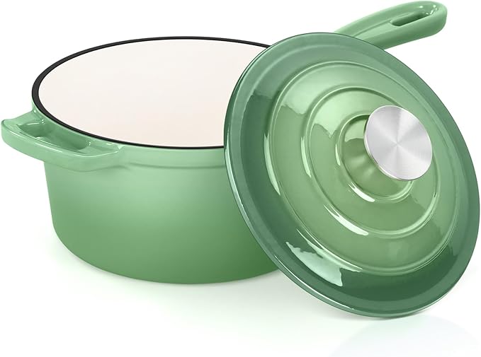 E-far Enameled Cast Iron Sauce Pan with Lid, 1 Quart Dutch Oven Saucepan, Mini Sauce Pot for Cooking, Boiling, Healthy & Non Toxic, Induction & Oven Safe, Pistachio Green