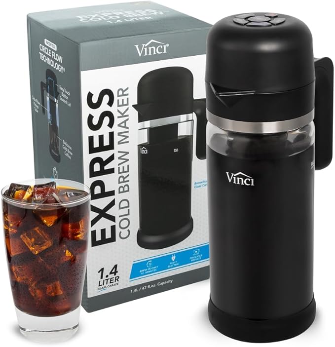 VINCI Express Cold Brew, Electric Cold Brew Coffee Maker in 10 minutes, 4 Brew Strength Settings & Cleaning Cycle, Easy to Use & Clean, Glass Carafe 1.4 Liters Push Button Control