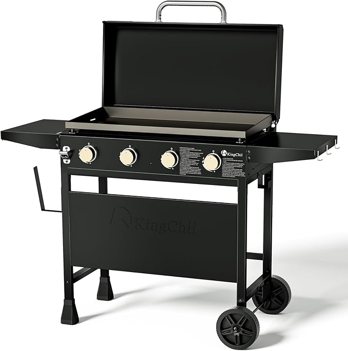 KingChii 32" 4-Burner Griddle with Integrated Protective Hood and Counter Height Side Shelves, Powder Coated Steel, for Breakfast, BBQ & Grilling w/Steel Cooking Surface,Black