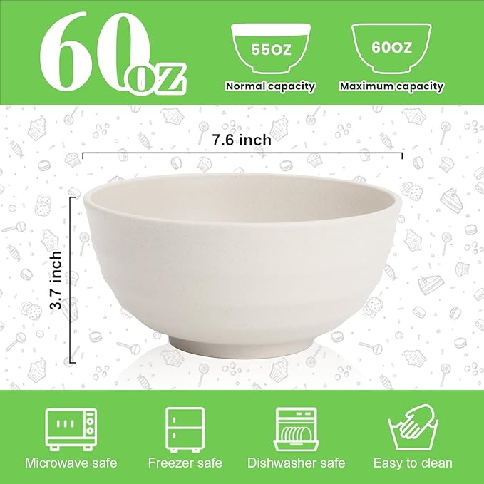 Large Salad Bowl, Wheat Straw Bowls Set 60 OZ, Unbreakable Big Bowls Set of 6, Large Serving Bowls for Kitchen, Cereal, Ramen, Soup, Microwave & Dishwasher Safe, White