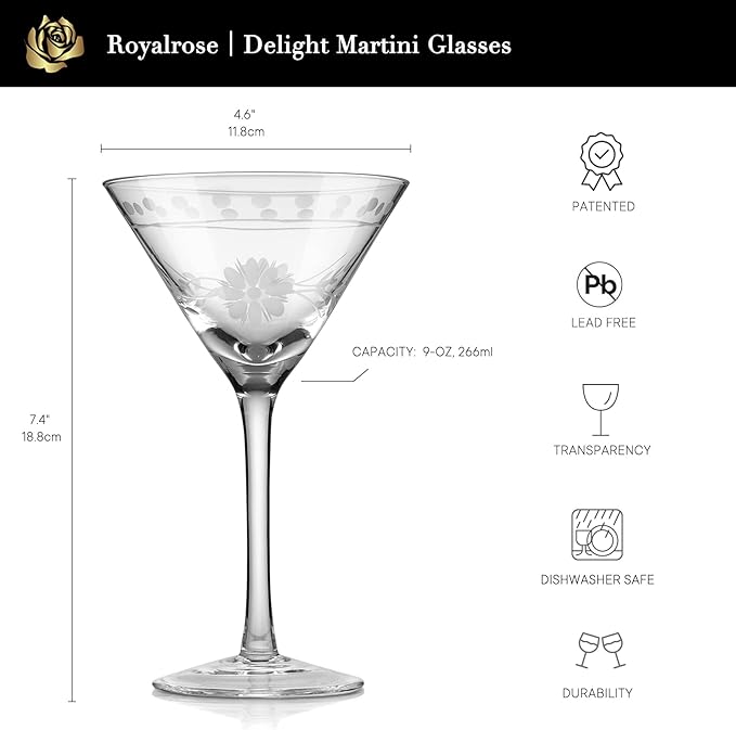 Premium Delight Vintage Cocktail Glasses Set of 4, 9 oz – Hand-Blown with Etched Long Stem, Classic Glassware for Weddings, Dinners, and Holiday Gifting (Martini Glasses)