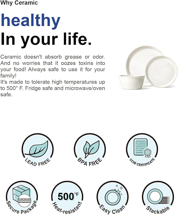 LE TAUCI Dishes Set for 4, Stoneware Plates and Bowls Set, Farmhouse Ceramic Dinnerware, Microwave & Dishwasher Safe, Stackable,12-Piece, Arctic White (10" Dinner+8" Salad Plates+6" Bowls)