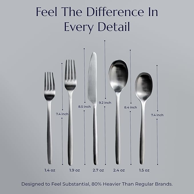 JazzUpCo Ava Flatware Flatware non toxic 18/10 stainless steel dishwasher safe (Matte Silver, 4 Person Set (20 Pieces))