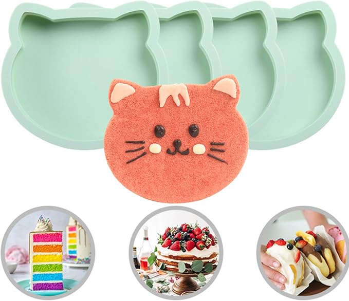 4Pcs Layer Cake Pans Set, 6 Inch Rainbow Cake Baking Pans,Silicone Cake Molds for Pizza Vegetable Pancake Quiche and Resin Crafts (Cat)