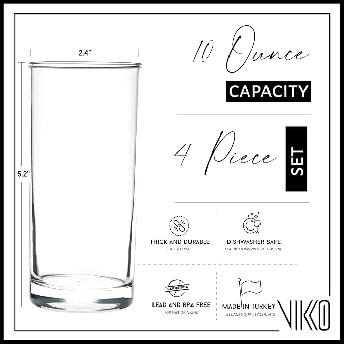 Vikko Water Glasses, Set of 4 Drinking Glasses, Thick and Durable Tumbler, 10 Ounce Tall Kitchen Glasses, Dishwasher Safe Highball Glass Tumbler, Heavy Duty Cups