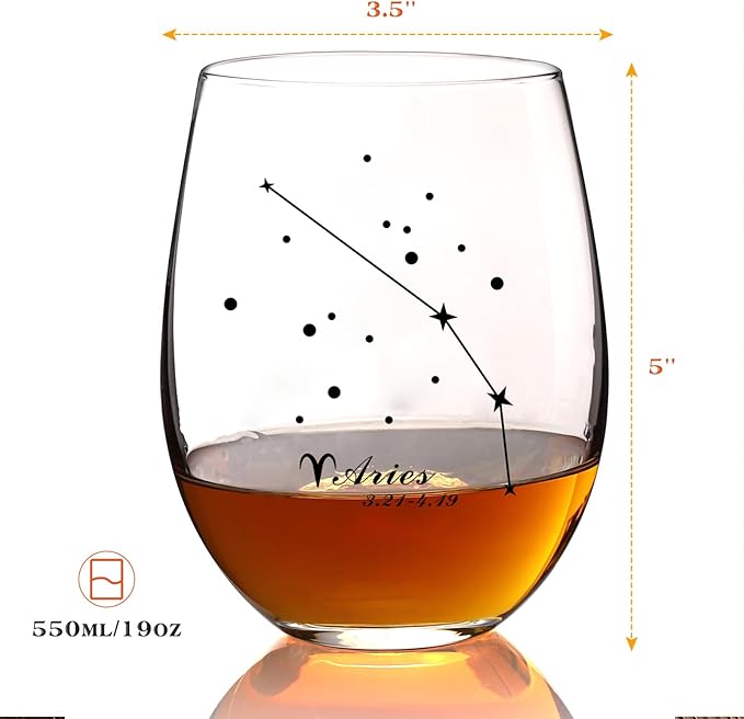 Aries Stemless Wine Glass 20 Oz, Aries Birthday Gifts for Women Men, Zodiac Aries Tumbler Gifts for Pisces Women, Aries Cup Golden Gift, Constellation Tumbler Wine Glass, Astrology Gifts for Women Men