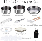 14 pcs Stainless Steel Cookware Set, Detachable Pots and Pans Set with Removable Handle, Non Toxic Space Saving RV Camping Cookware Set, Induction Cookware, Dishwasher & Oven Safe