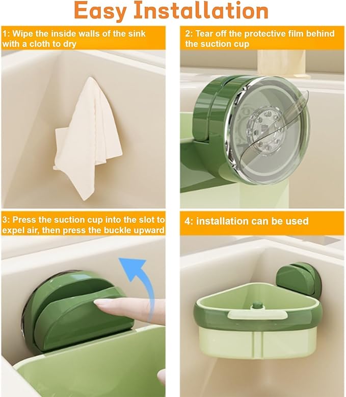 Suction Cup Sink Corner Rack, Sink Strainer Basket, 2025 New Upgraded Suction Cup Press Sink Drainer Basket, Auto-Dump Sink Strainer, Faucet Sponge Holder & Corner Food Catcher.